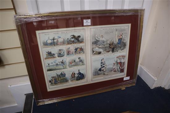 Five 19th century coloured engravings, assorted caricatures including Mermaids at Brighton